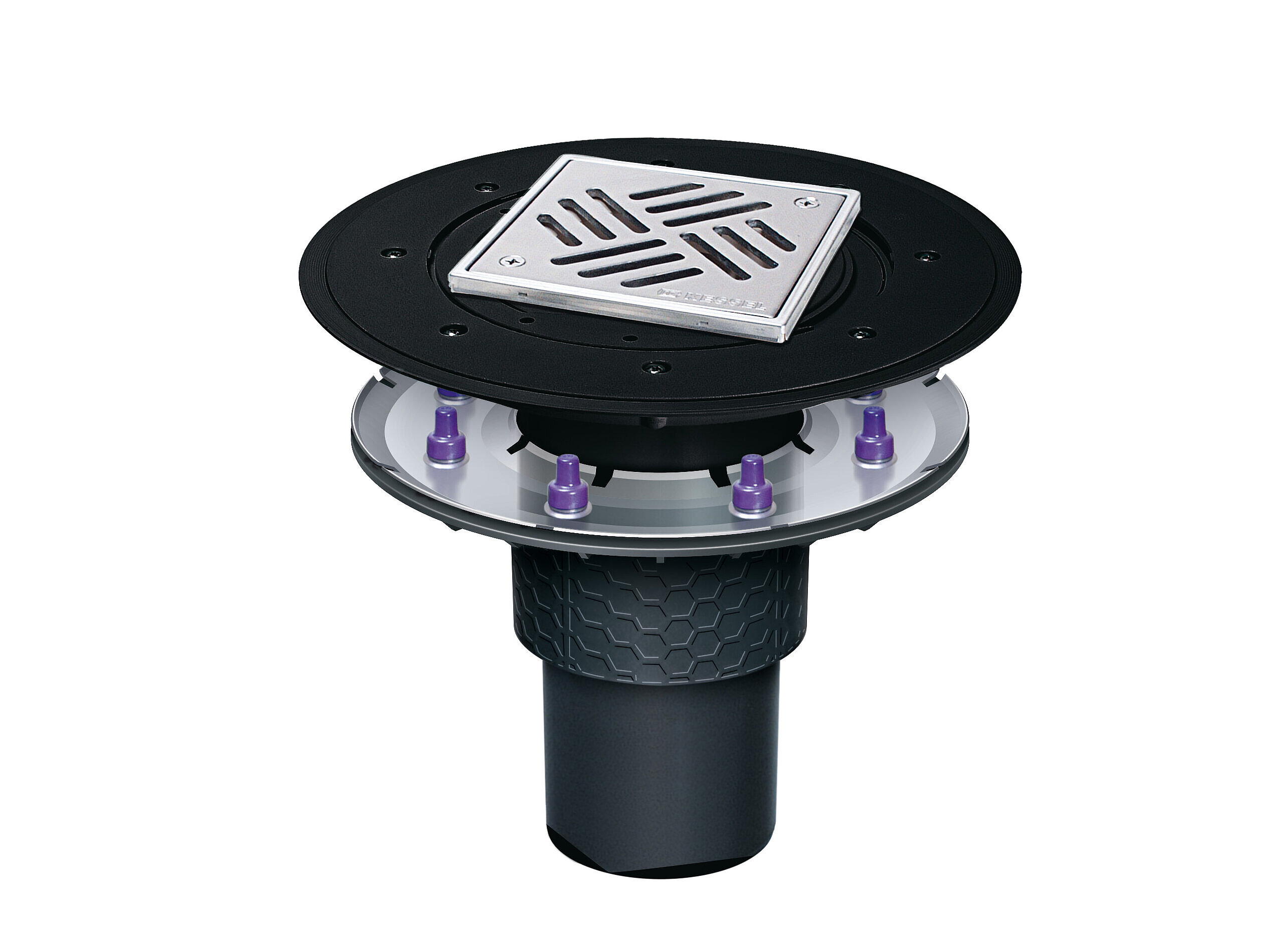 Ecoguss drain body with a vertical drain with a pressure sealing flange and a Kessel design cover with Lock & Lift