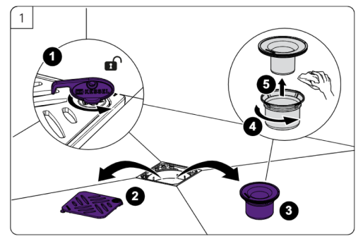 Illustration: Open the floor drain and remove the cover and trap Illustration: Open the floor drain and remove the cover and trap