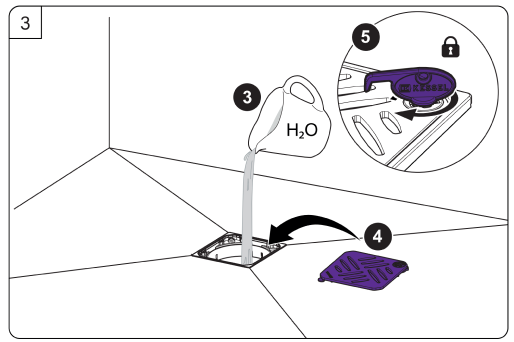 Illustration: Filling the water trap with water and sealing the drain with the cover Illustration: Filling the water trap with water and sealing the drain with the cover