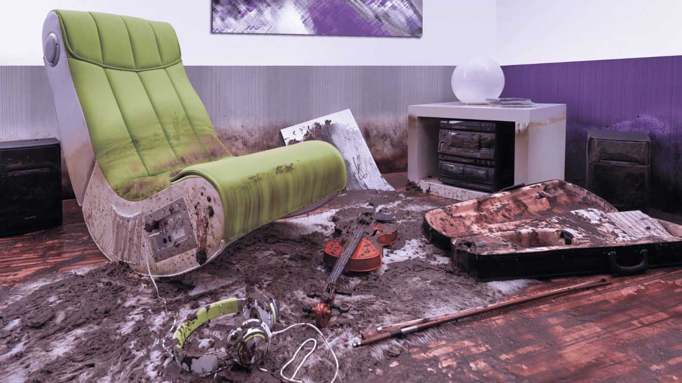 A hobby room in the basement that has been soiled by water from the sewers.