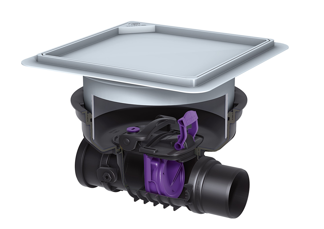 Staufix backwater valve with one flap for installation in a concrete floor.