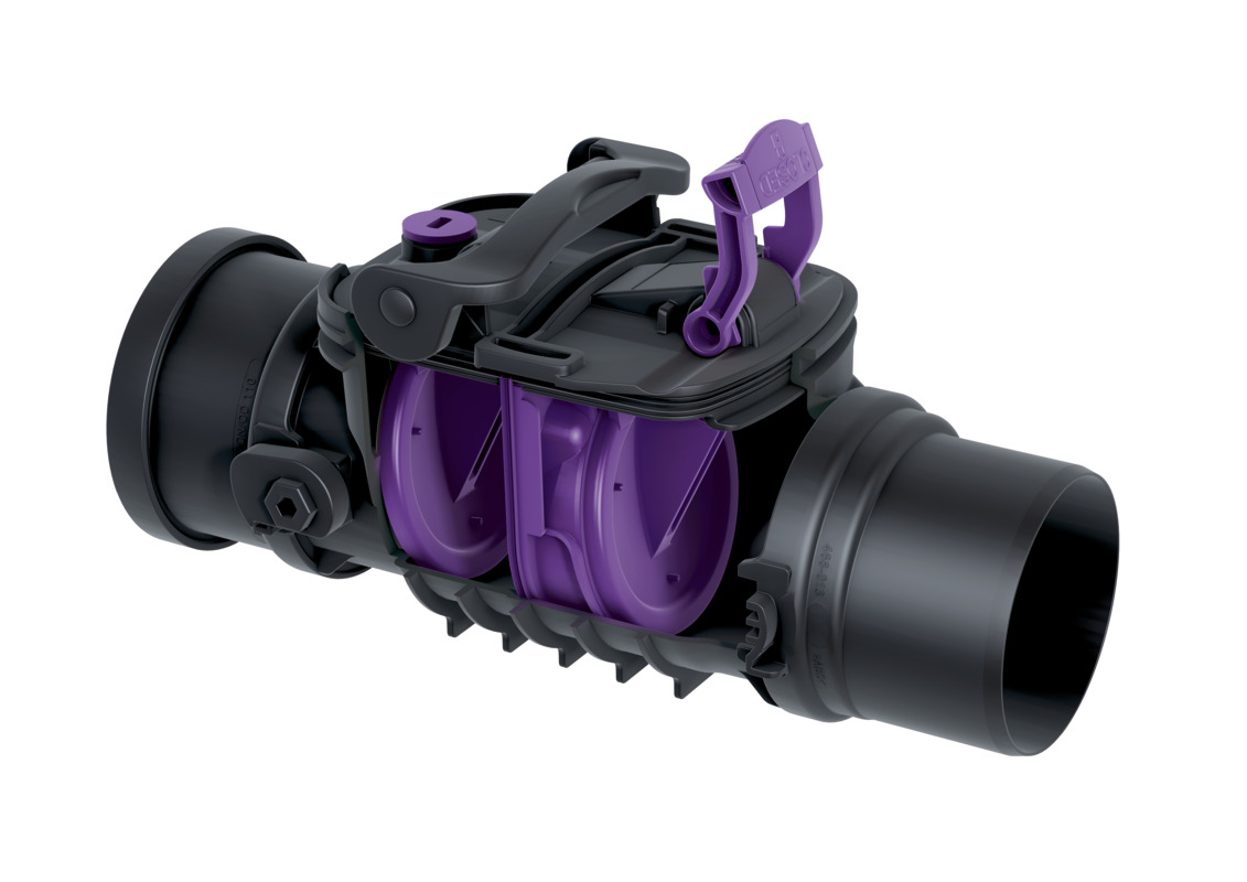 Staufix backwater valve with two flaps for exposed drainage pipes.
