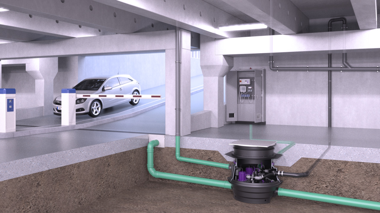 Hybrid lifting station in the exit area of an underground car park
