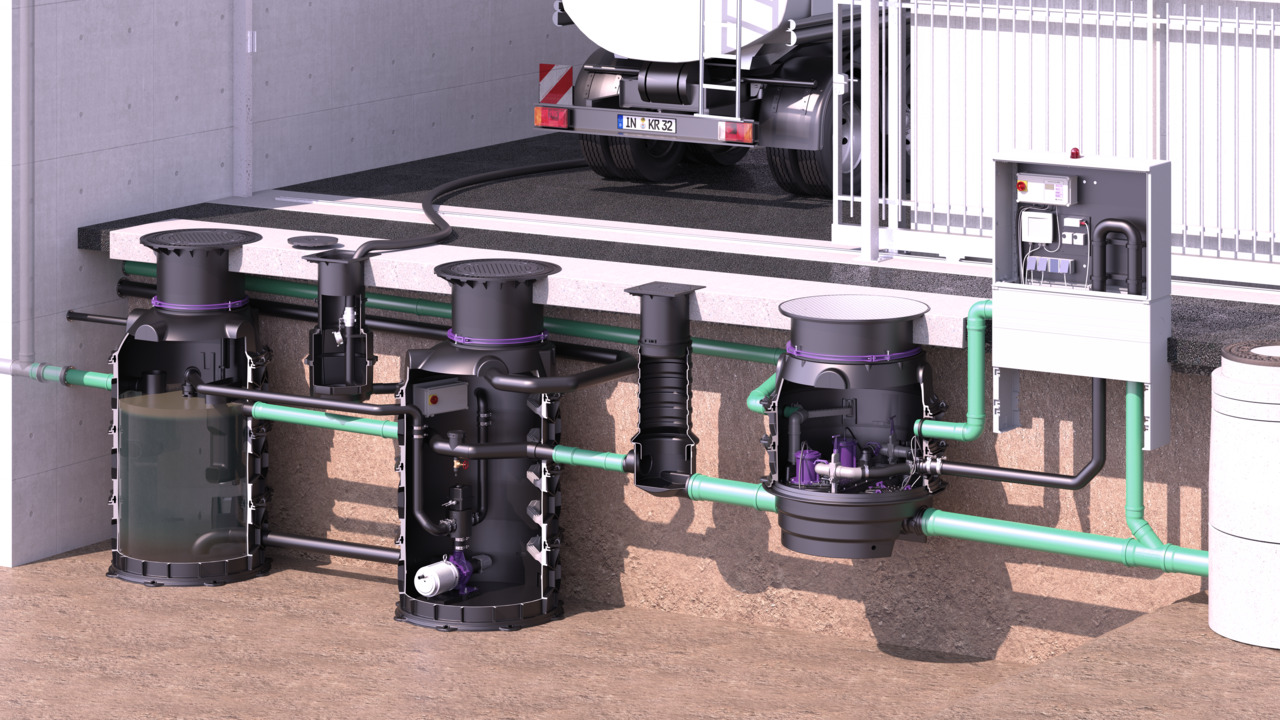 Installation diagram: EasyClean ground grease separator, installed underground, with an Ecolift XL hybrid lifting station fitted downstream