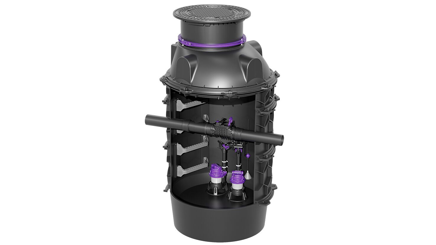 Product image: bespoke hybrid lifting station in an engineering chamber Product image of a hybrid lifting station in an engineering chamber, showing the pumps and the flow channel.