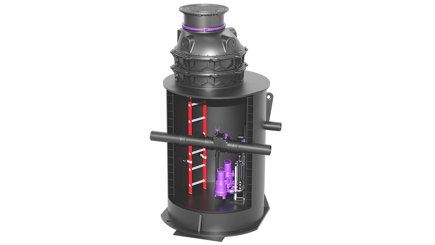 Product image: bespoke hybrid lifting station in a twin walled reinforced pipe chamber Product image of a hybrid lifting station in a twin walled reinforced pipe chamber, showing the pumps and the flow channel.