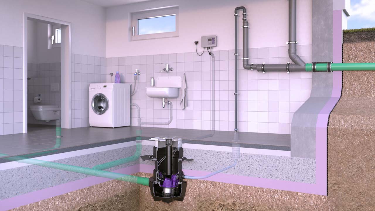 Installation illustration of Aqualift F Compact for installation in the floor slab.