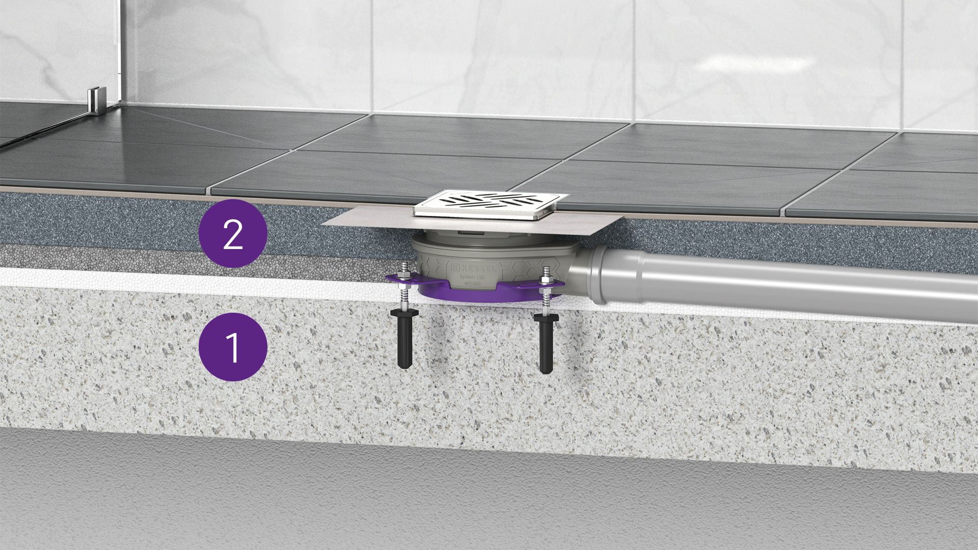 Installation example: The Ultraflat bathroom drain in a shower Installation example: The Ultraflat bathroom drain in a shower