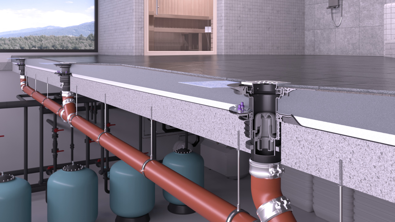 Ecoguss floor drain with Fire-Kit fire protection and Quick-Fix through-wall seal.