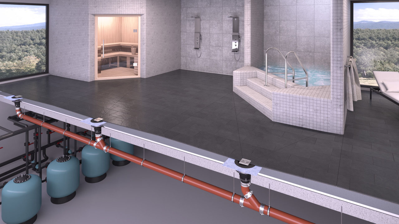 Ecoguss floor drain in a wellness area