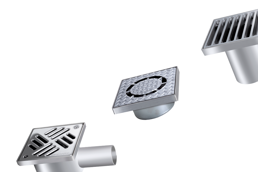 Stainless steel drains with different grates. Stainless steel drains with different grates.
