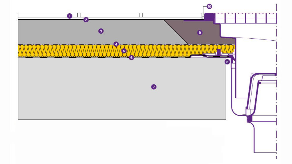 Design with a stainless steel channel with a 15 mm glued flange for a tiled floor covering