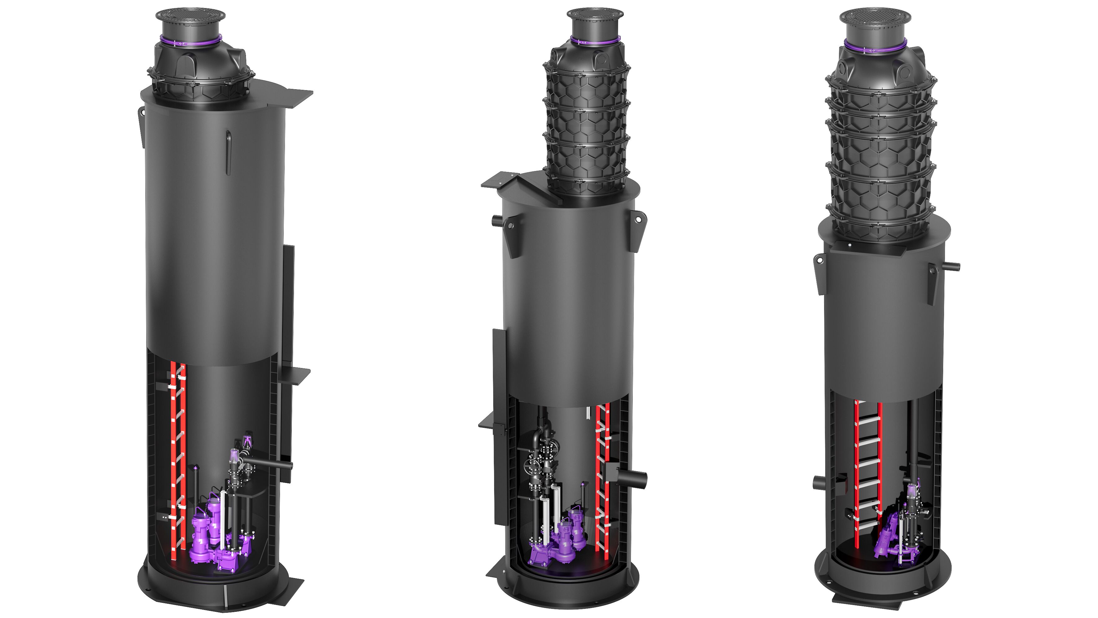 Illustration of three bespoke pumping stations with tall shaft structures and pumps.