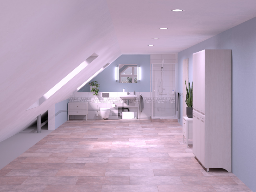 Installation diagram for the Minilift L WC Installation diagram of a Minilift L WC small lifting station in a bathroom with a sloping ceiling, featuring a shower, washbasin and toilet. The Minilift L WC small lifting station is installed inside a cabinet.