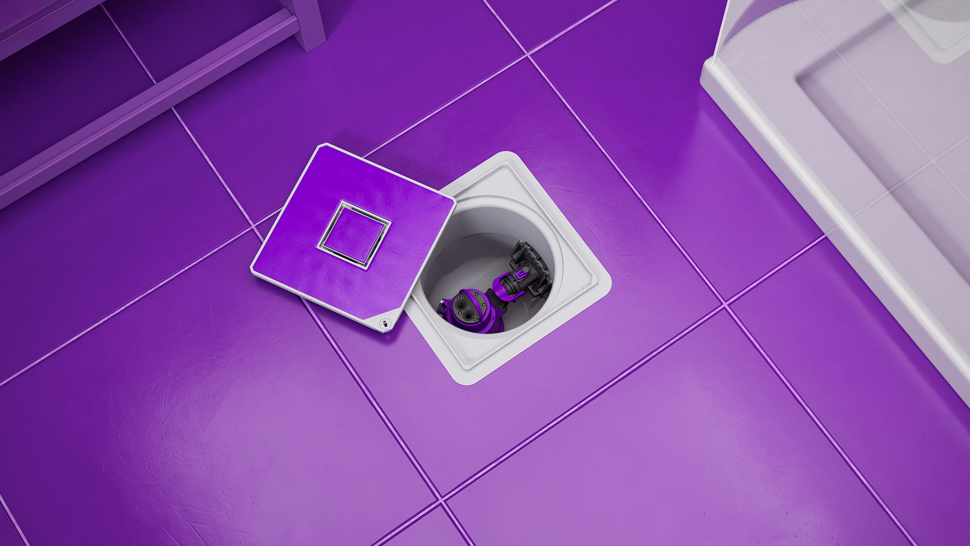 floor slab installation A view of a small lifting station seamlessly integrated into the floor slab, with the cover open.