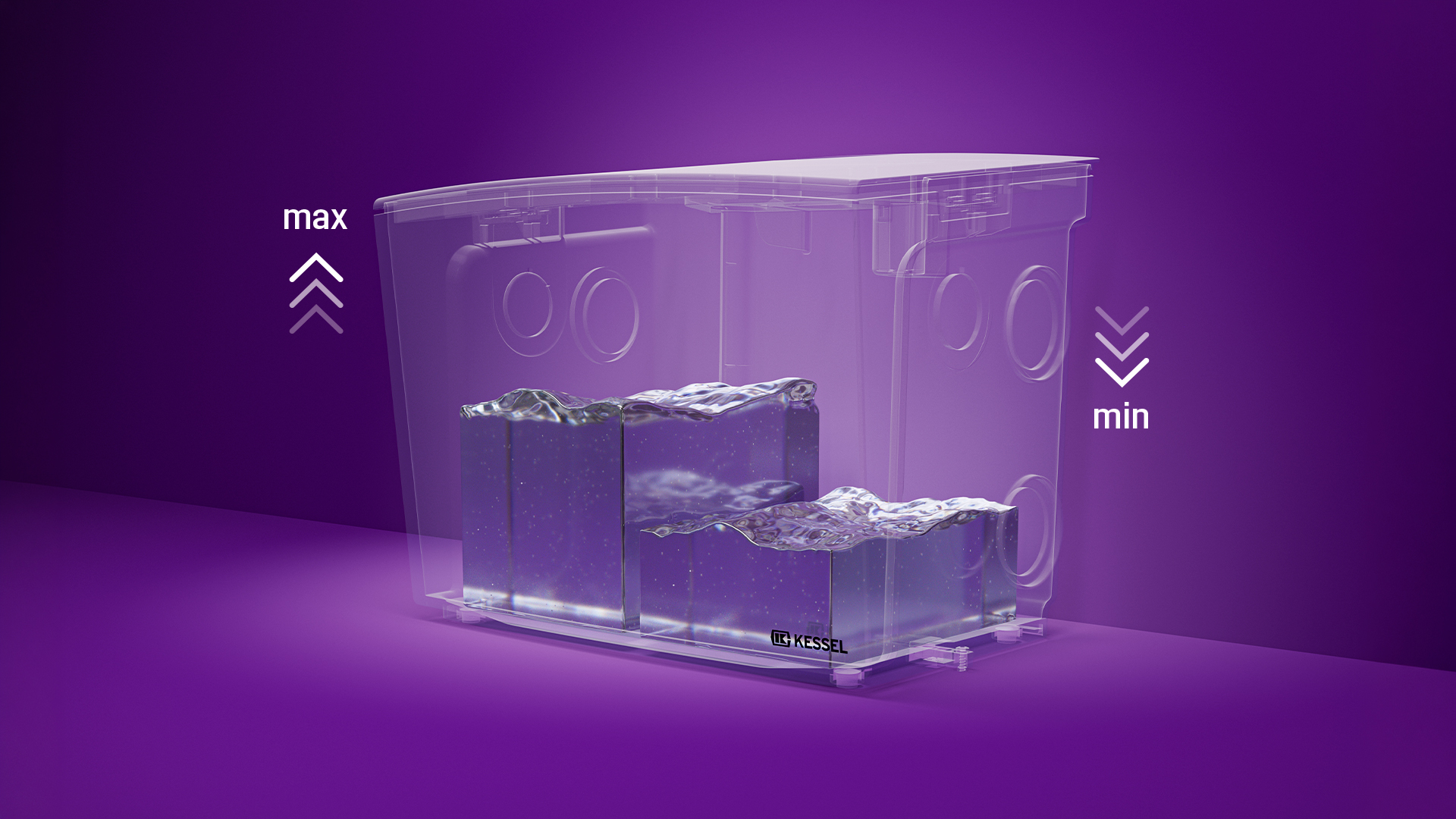 Illustration of a Minilift tank, with the fill level high on one side and low on the other.
