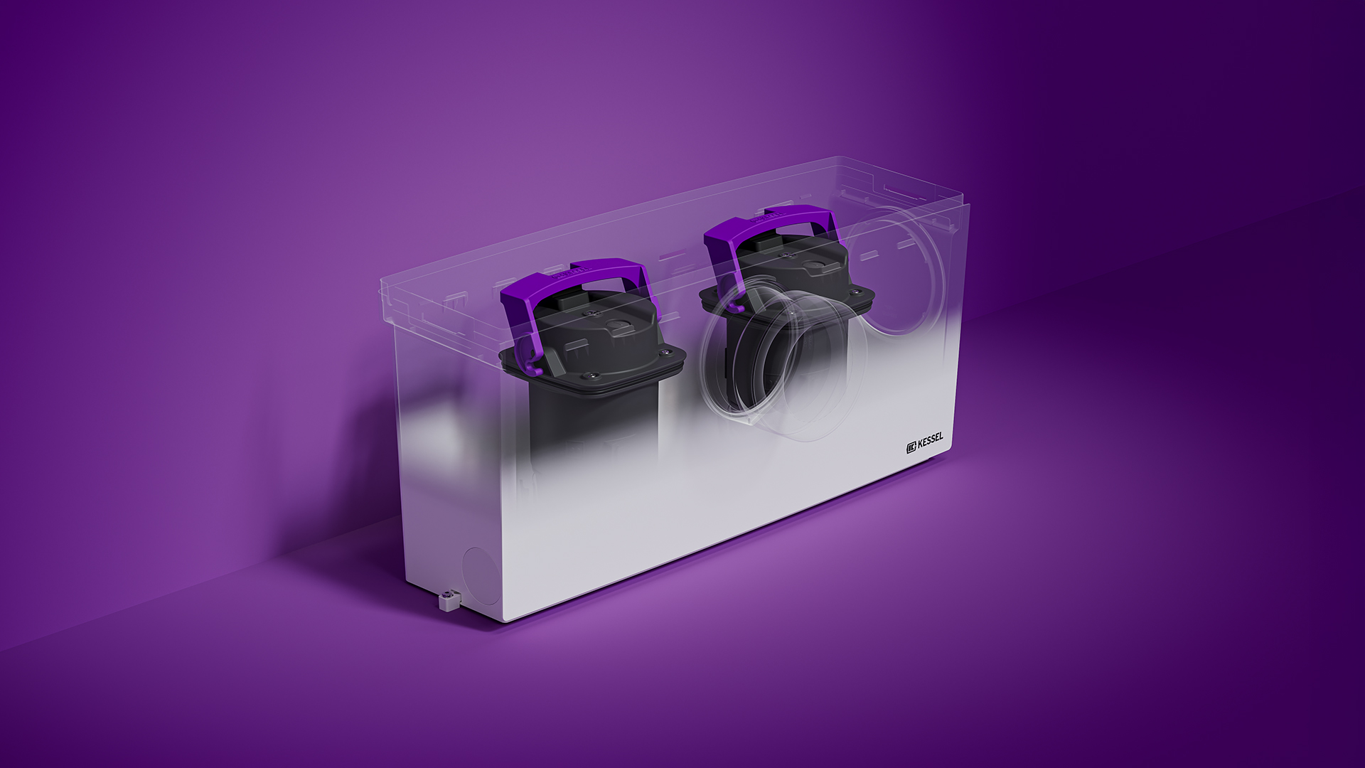 Double security Small lifting station with a transparent tank and a view of the two internal pumps.