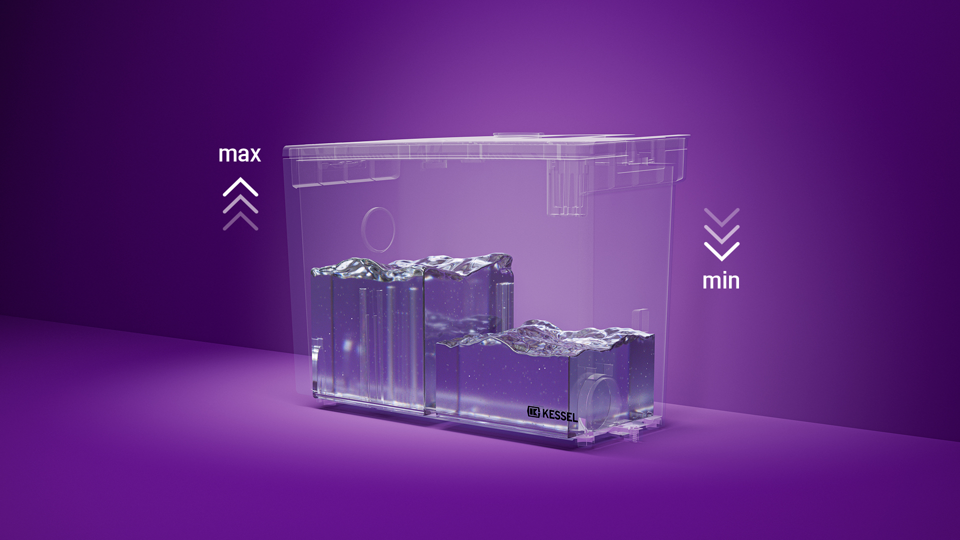 Illustration of a Minilift tank, with the fill level high on one side and low on the other.