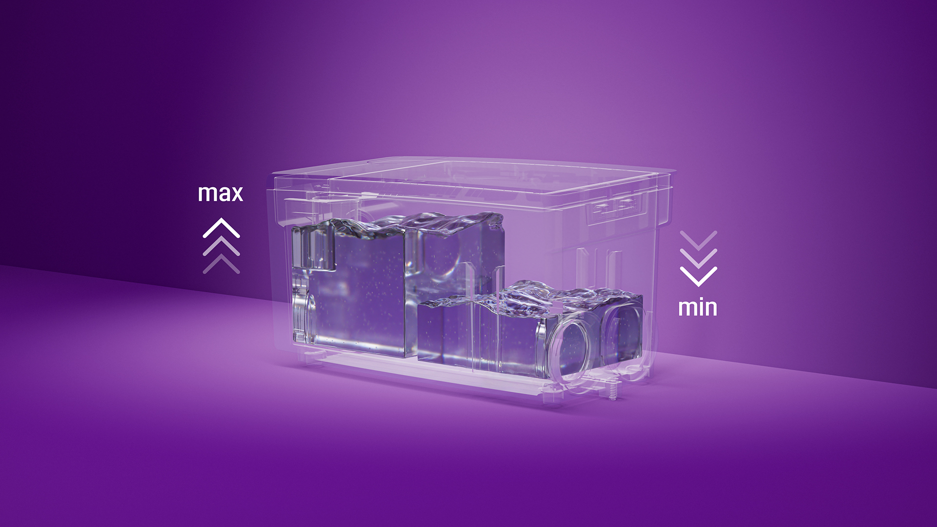Adjustable pumping volume Illustration of a lifting station tank, where the water level is high on one side and low on the other.