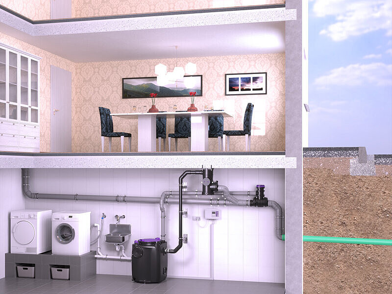 Installation diagram of a lifting station in the basement, where the pressure pipe does not run above the backwater level but instead passes through the CleverLoop system separator, which is mounted beneath the basement ceiling.