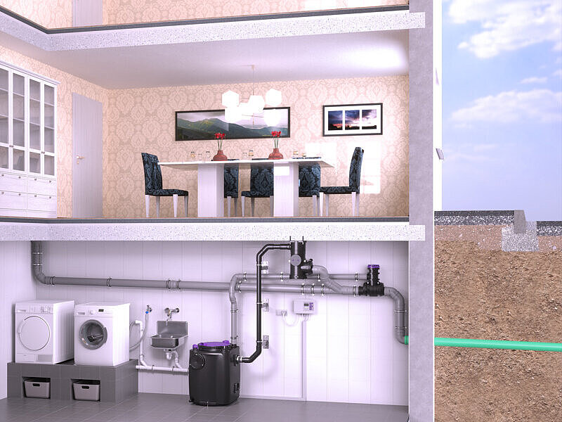 EBV CleverLoop and CleverVent Installation diagram of a lifting station in the basement, in which the pressure pipe does not run above the backwater level, but instead passes through the CleverLoop system separator, which is mounted beneath the basement ceiling.