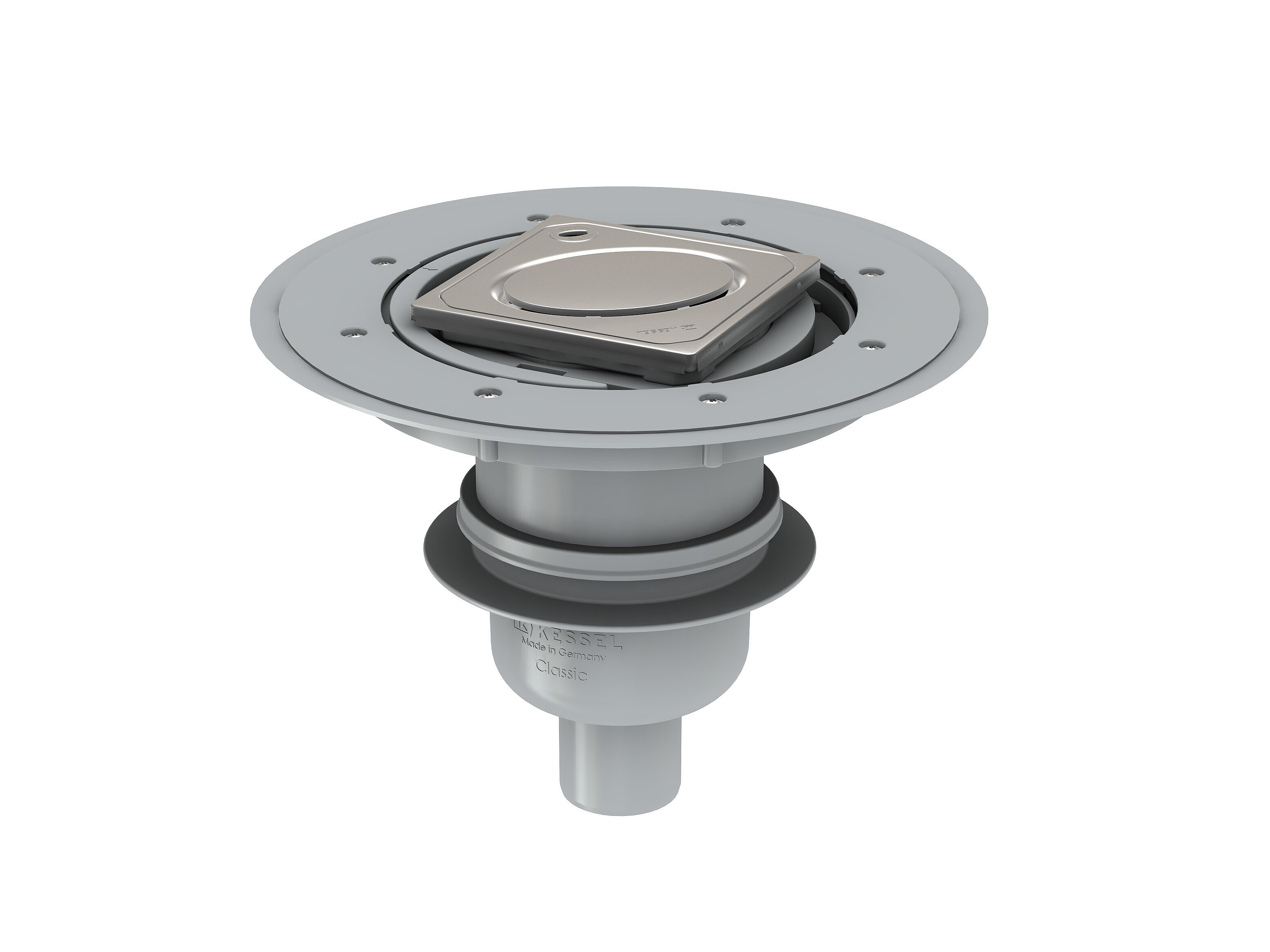 Classic bathroom drain with a vertical outlet and Variofix upper section with an Oval design cover Classic bathroom drain with a vertical outlet and Variofix upper section with an Oval design cover