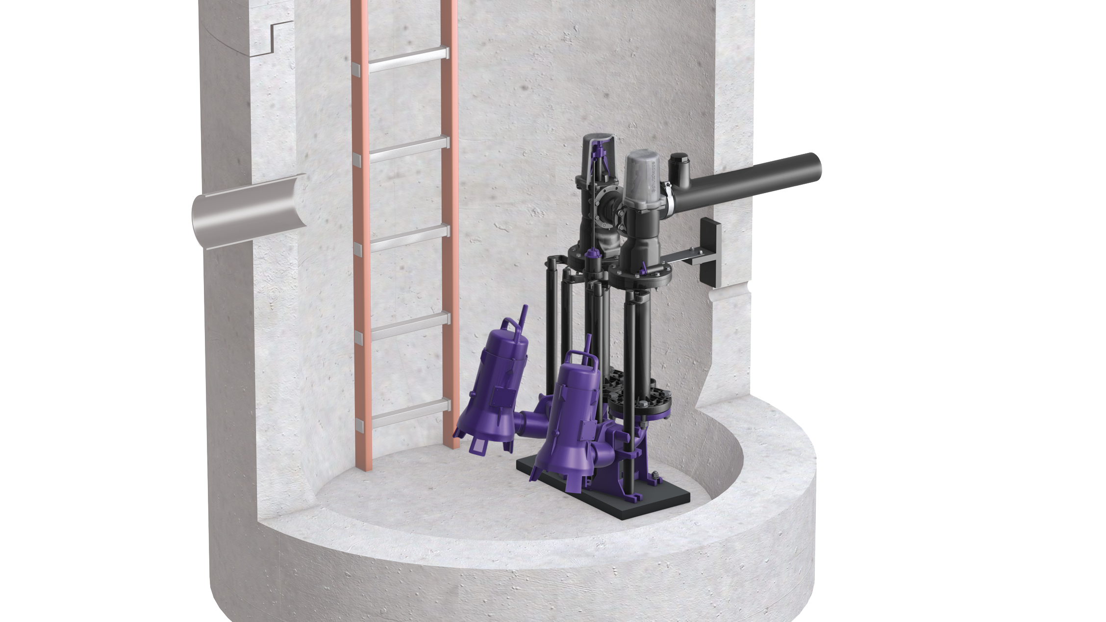 Submersible pumps in a chamber. Submersible pumps in a chamber.