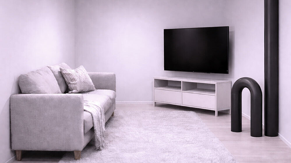 Illustration of living space A schematic diagram of a living room in which several pipes protrude from the floor, reducing the living space.