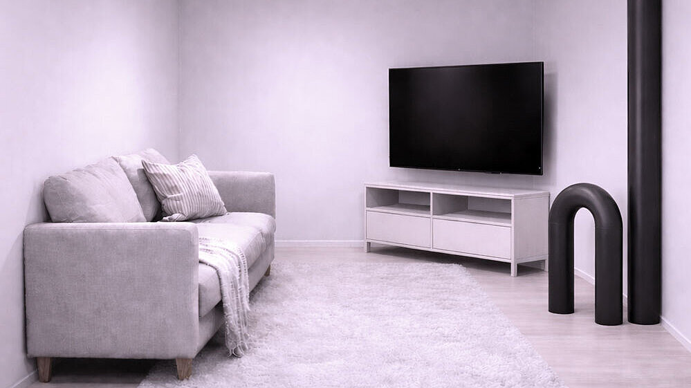 Illustration of living space A schematic diagram of a living room in which several pipes protrude from the floor, reducing the living space.