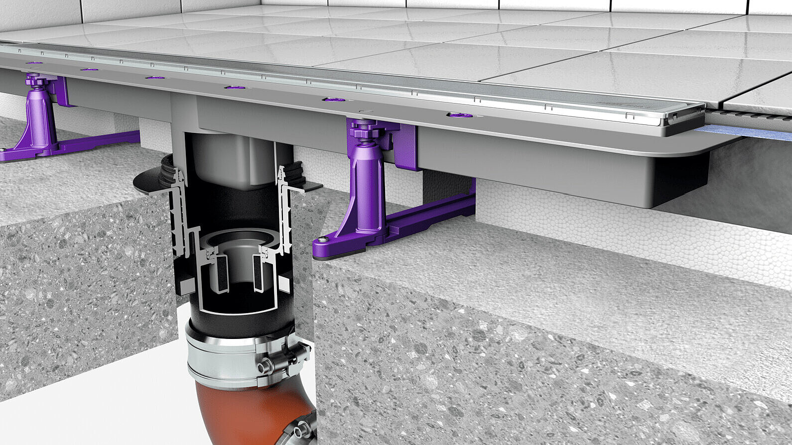 Linearis Comfort shower channel in combination with an Ecoguss drain body, as well as a Fire-Kit fire protection insert and a Quick-Fit pipe penetration seal Linearis Comfort shower channel in combination with an Ecoguss drain body, as well as a Fire-Kit fire protection insert and a Quick-Fit pipe penetration seal