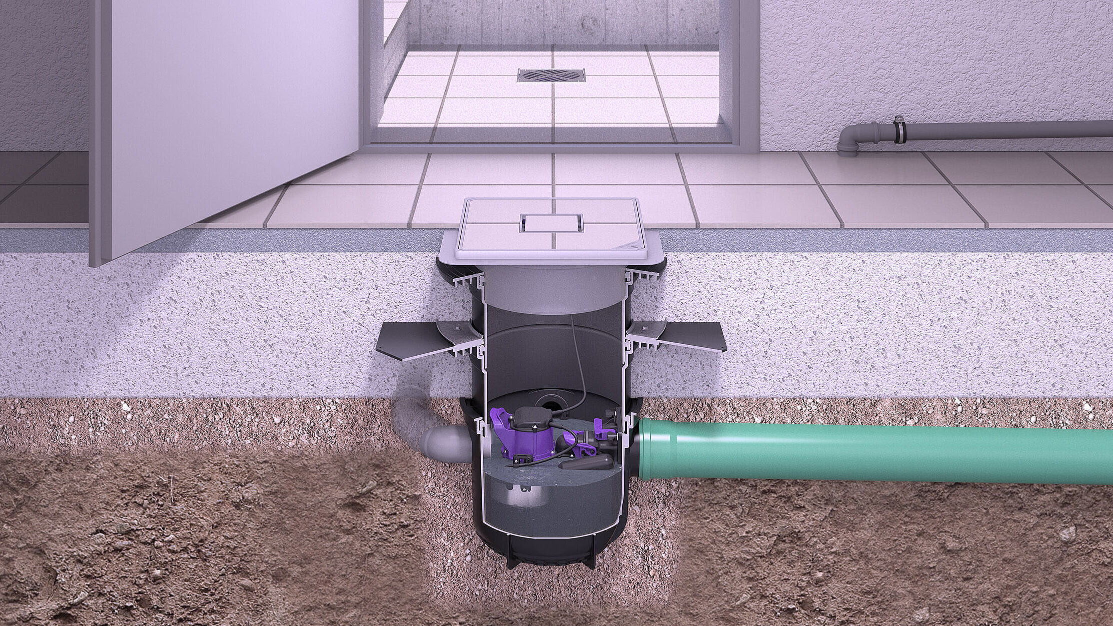 Installation diagram for the Pumpfix S basement drain with inlets from other drainage points Installation diagram for the Pumpfix S basement drain with inlets from other drainage points