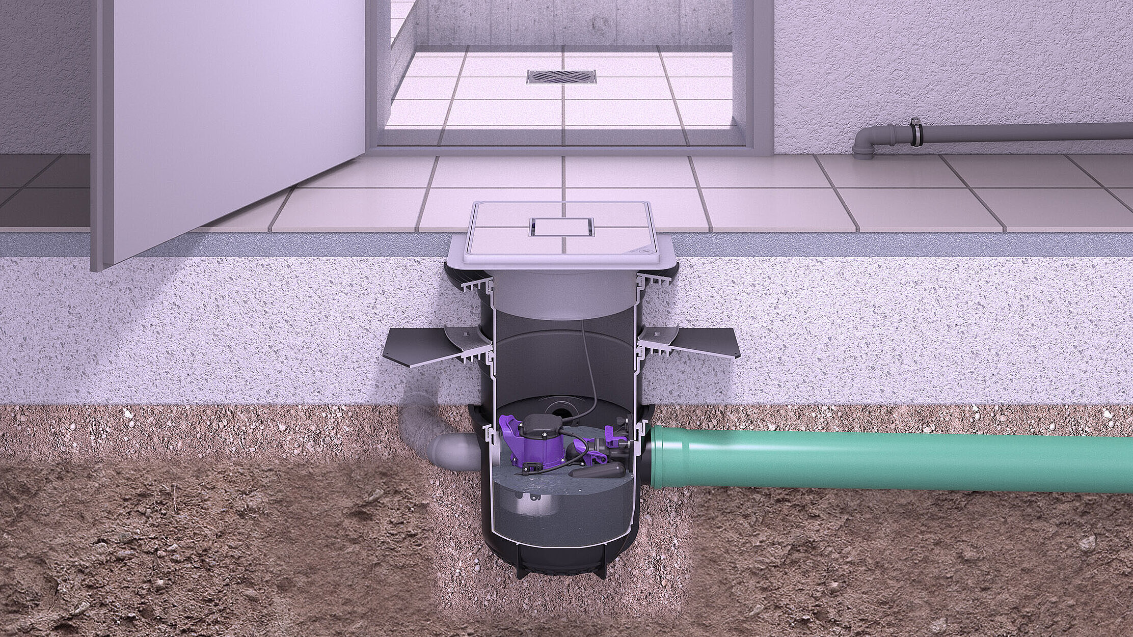 Installation diagram for the Pumpfix S Underfloor basement drain with inlets from other drainage points