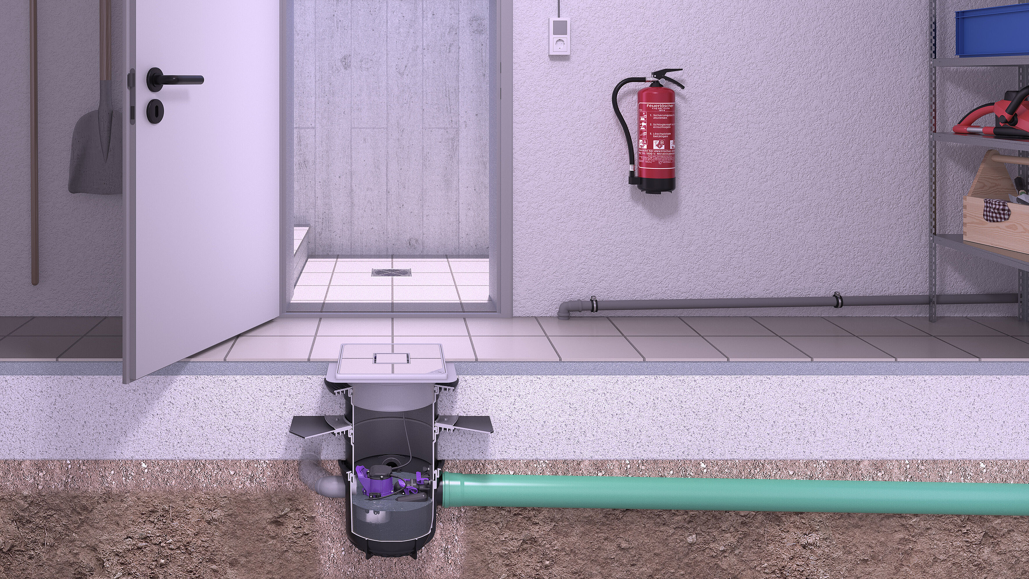 Installation guide for the Pumpix S Underfloor basement drain in a storage cellar