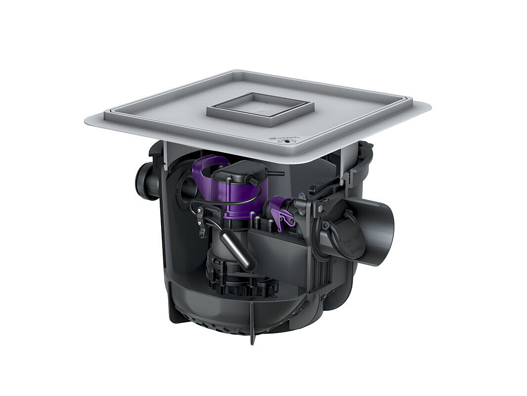 Pumpfix S Underfloor basement drain for floor slab installation, with a tileable cover