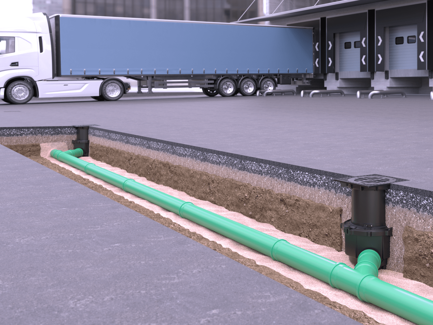 Installation diagram for the System 400 yard drain for higher load classes, horizontal outlet Installation diagram for the System 400 yard drain for higher load classes, horizontal outlet