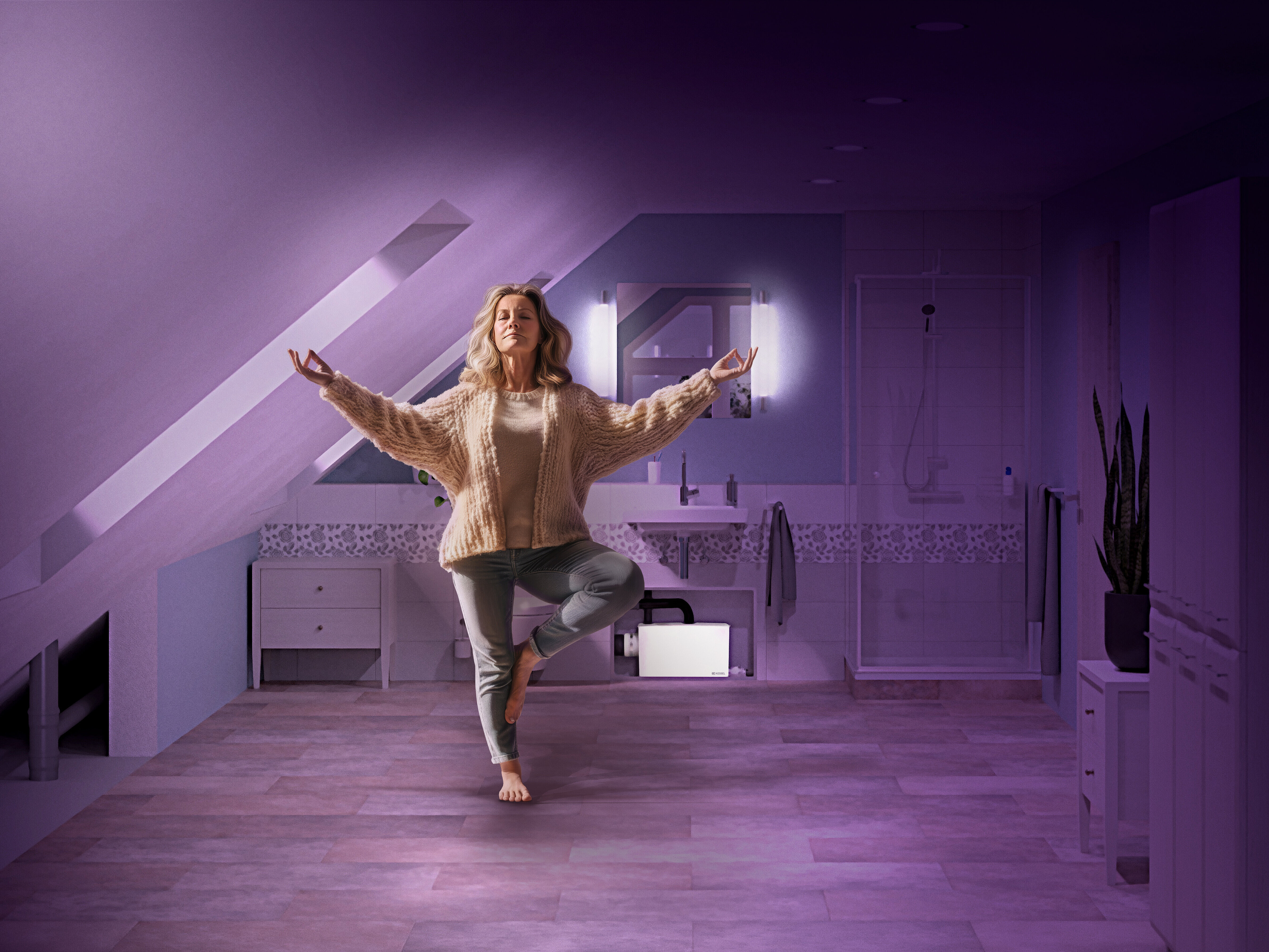 A woman is doing yoga in the bathroom; in the background, a small lifting station has been installed to save space and blend in with the surroundings.