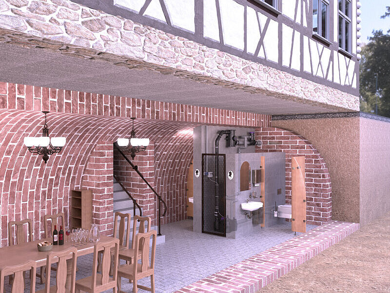 Installation diagram of an old vaulted cellar with a retrofitted toilet, a CleverLoop system separator and a CleverVent venting diverter.