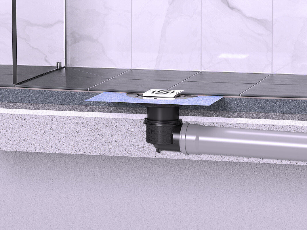 Installation diagram for the Practicus floor drain with a horizontal outlet with a Variofix upper section for combined waterproofing and a slotted cover in a shower enclosure