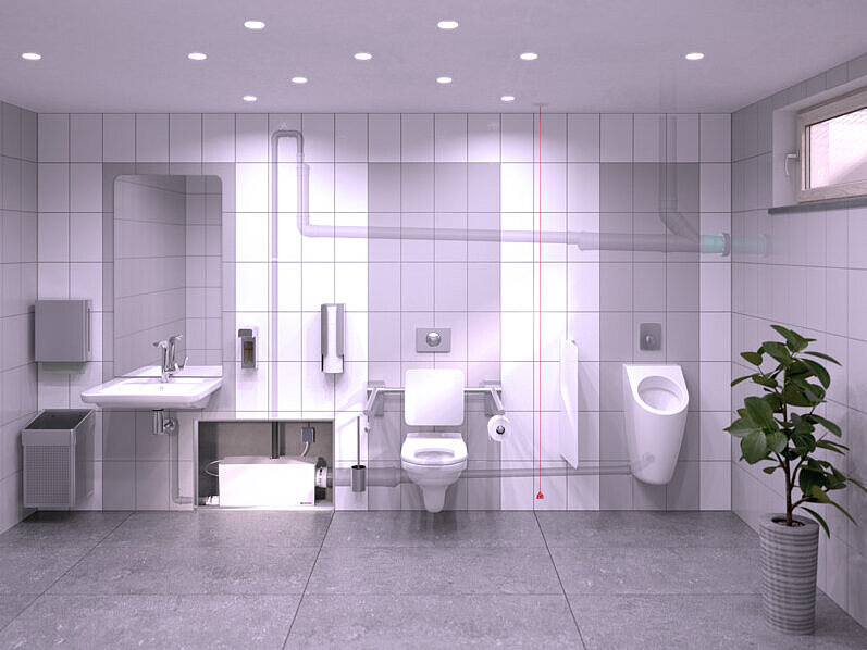 A bathroom in the basement with a washbasin, urinal and toilet, which are drained via a small lifting station installed behind the wall.