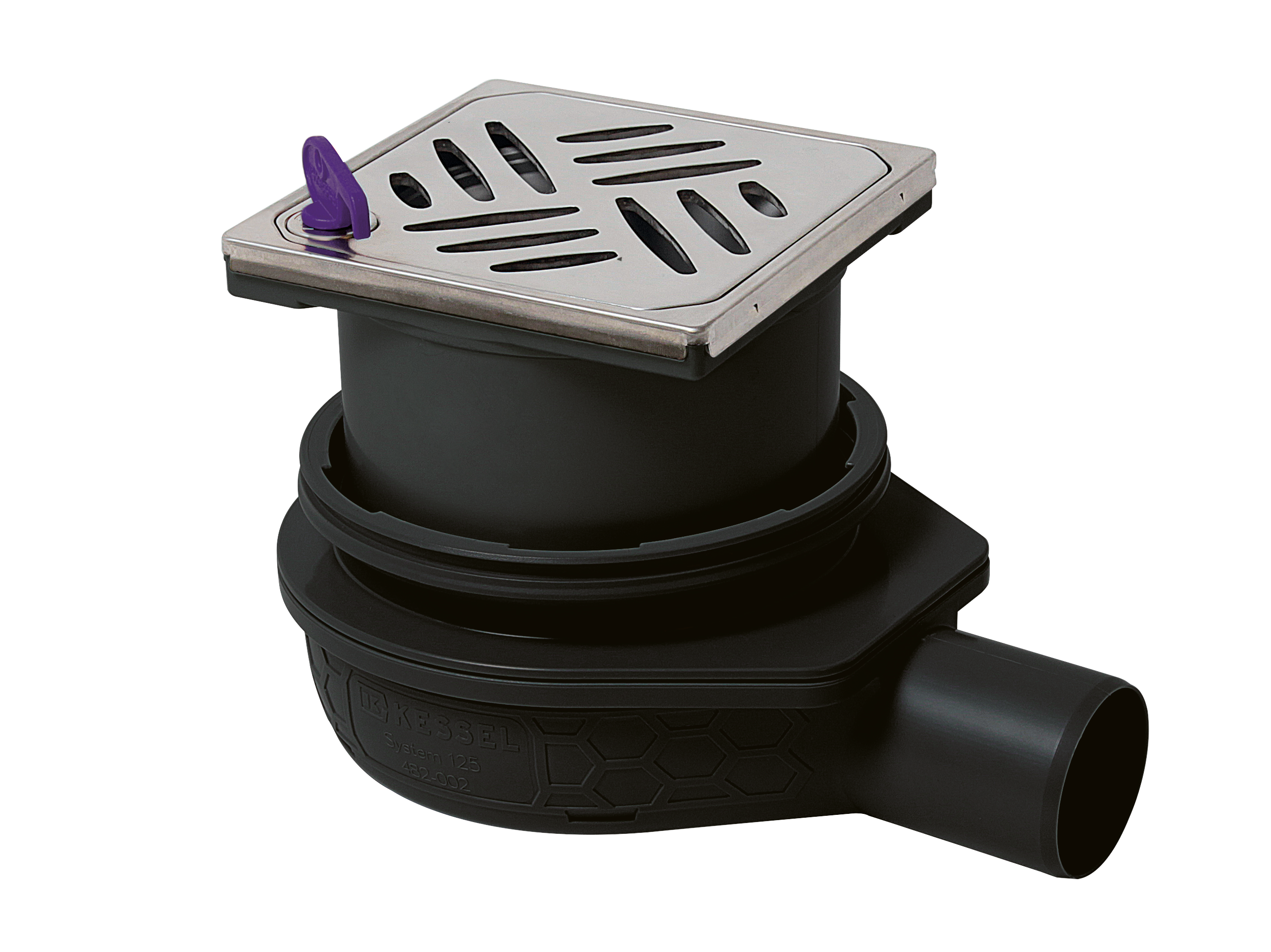 The Ultraflat 79 bathroom drain, DN 50, with a Kessel design cover, Lock & Lift locking system and Megastop The Ultraflat 79 bathroom drain, DN 50, with a Kessel design cover, Lock & Lift locking system and Megastop