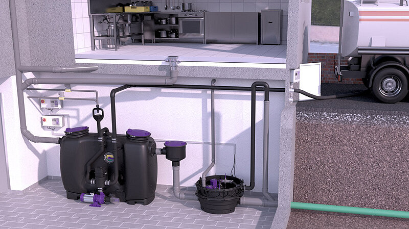 Installation diagram of a grease separator with a connected lifting station Installation diagram of a grease separator with a connected lifting station