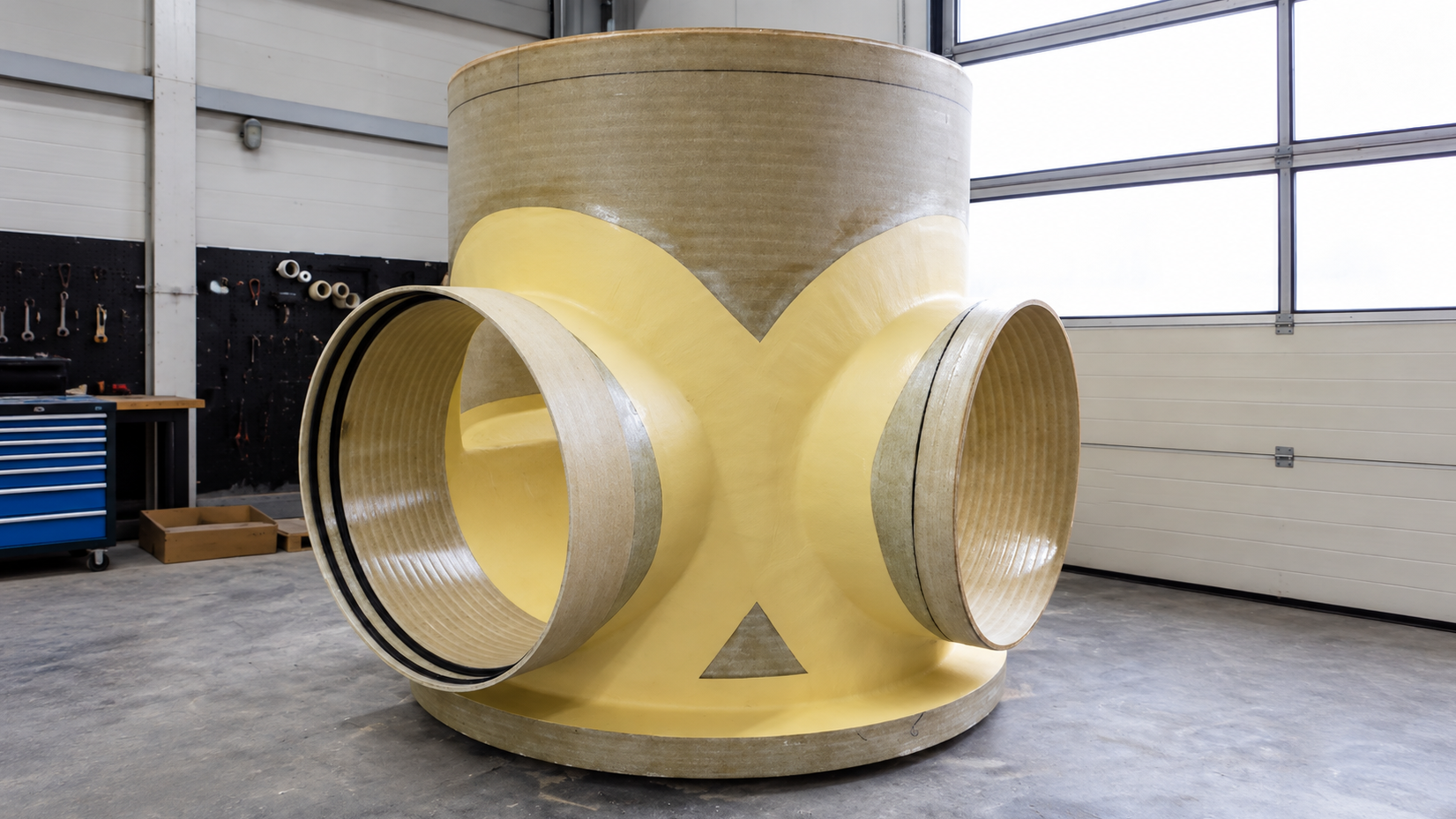 A robust chamber with a large inlet channel made of glass-fibre-reinforced polymer.