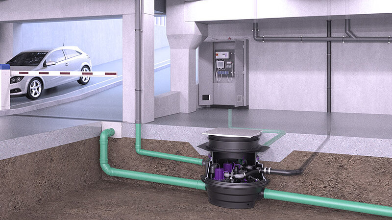 Installation diagram of the Ecolift XL technical module in an underground car park Installation diagram of the Ecolift XL technical module in an underground car park