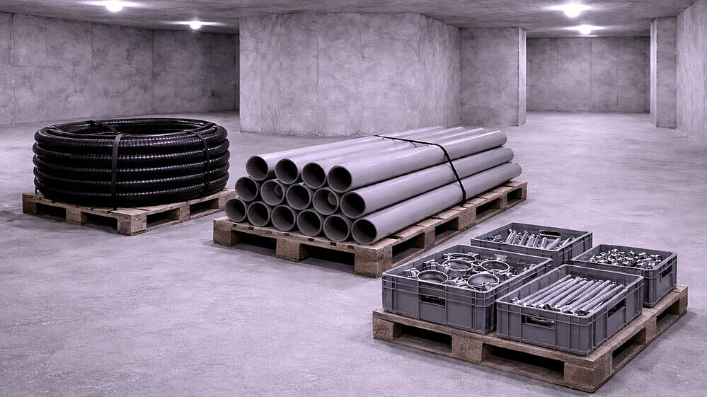 Resource-efficient presentation A schematic diagram of a basement room showing various installation materials.