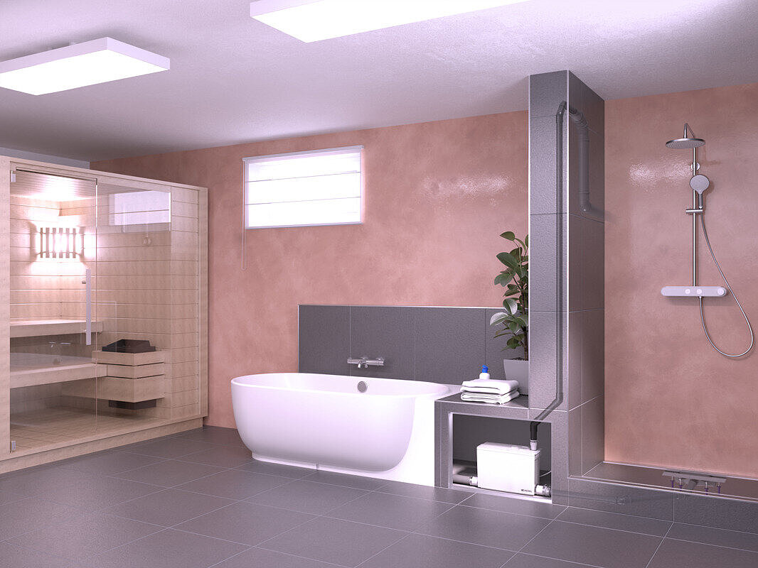 The basement room with a sauna, bath and shower, seen from a different angle.