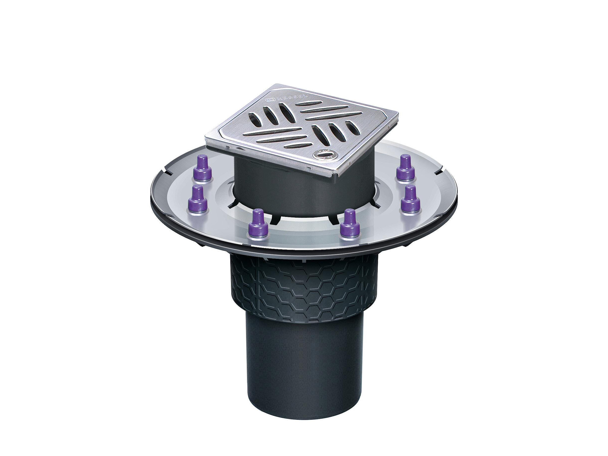 Ecoguss drain body with a vertical drain with a pressure sealing flange and a Kessel design cover with Lock & Lift